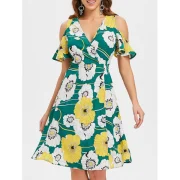 Cold houlder Floral Print Dress - Green Fansmadedirect