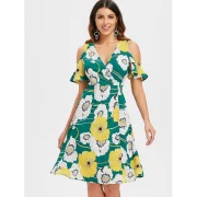 Cold houlder Floral Print Dress - Green Fansmadedirect