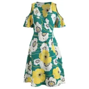 Cold houlder Floral Print Dress - Green Fansmadedirect