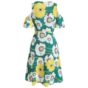 Cold houlder Floral Print Dress - Green Fansmadedirect