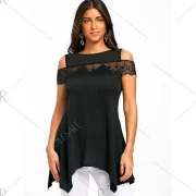 Cold houlder Lace Panel Handkerchief T-shirt - Black Fansmadedirect