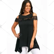Cold houlder Lace Panel Handkerchief T-shirt - Black Fansmadedirect