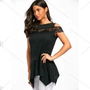 Cold houlder Lace Panel Handkerchief T-shirt - Black Fansmadedirect