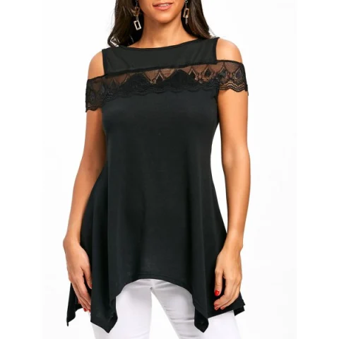 Cold houlder Lace Panel Handkerchief T-shirt - Black Fansmadedirect