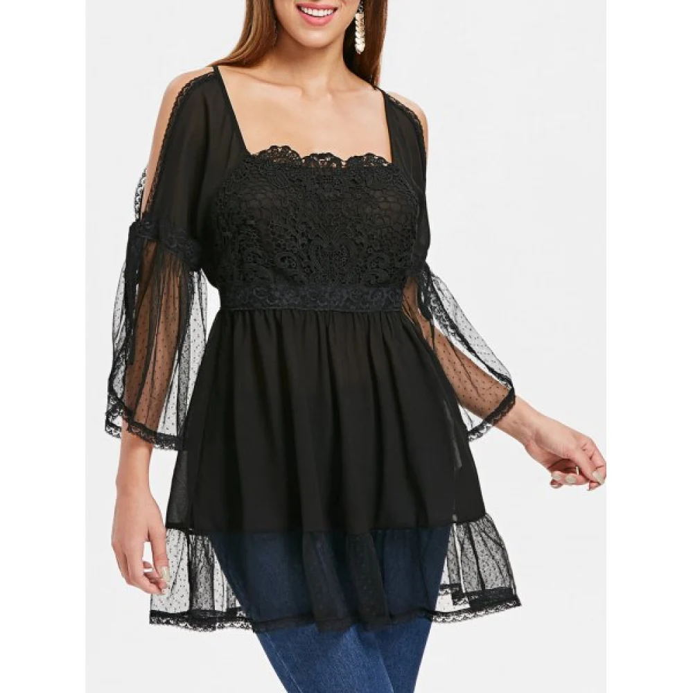 Cold Shoulder ace Applique Flounced Blouse - Black Fansmadedirect