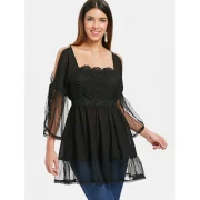 Cold Shoulder ace Applique Flounced Blouse - Black Fansmadedirect