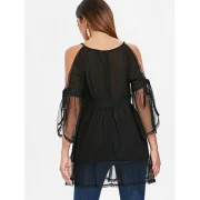 Cold Shoulder ace Applique Flounced Blouse - Black Fansmadedirect