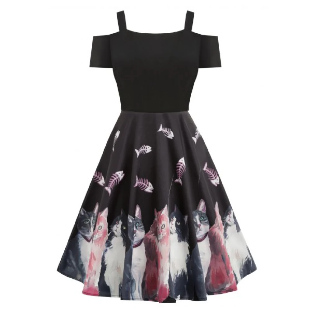 Cold Shoulder Cat Print High Waist Dress - Black Fansmadedirect