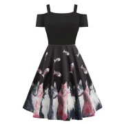 Cold Shoulder Cat Print High Waist Dress - Black Fansmadedirect