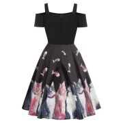 Cold Shoulder Cat Print High Waist Dress - Black Fansmadedirect