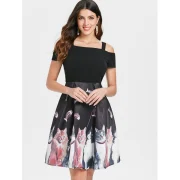 Cold Shoulder Cat Print High Waist Dress - Black Fansmadedirect