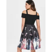 Cold Shoulder Cat Print High Waist Dress - Black Fansmadedirect