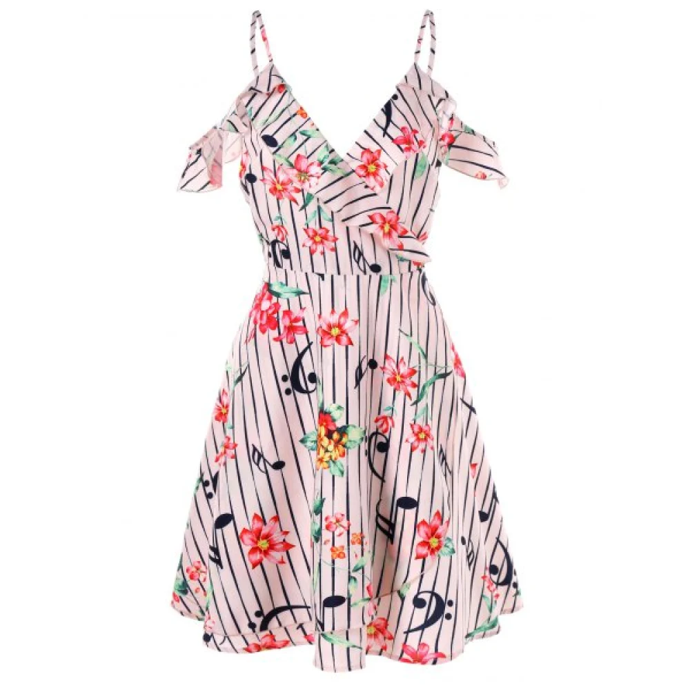 Cold Shoulder Flower and Musical Note Print Dress - ight Pink Fansmadedirect