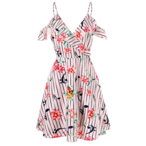 Cold Shoulder Flower and Musical Note Print Dress - ight Pink Fansmadedirect