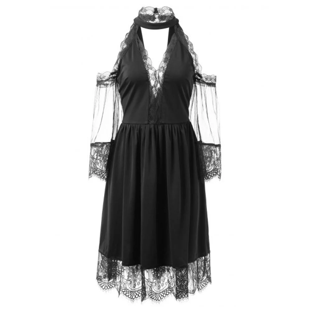 Cold Shoulder Lace Mesh Insert Midi Dress - Black Fansmadedirect
