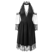 Cold Shoulder Lace Mesh Insert Midi Dress - Black Fansmadedirect