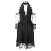 Cold Shoulder Lace Mesh Insert Midi Dress - Black Fansmadedirect