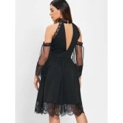 Cold Shoulder Lace Mesh Insert Midi Dress - Black Fansmadedirect