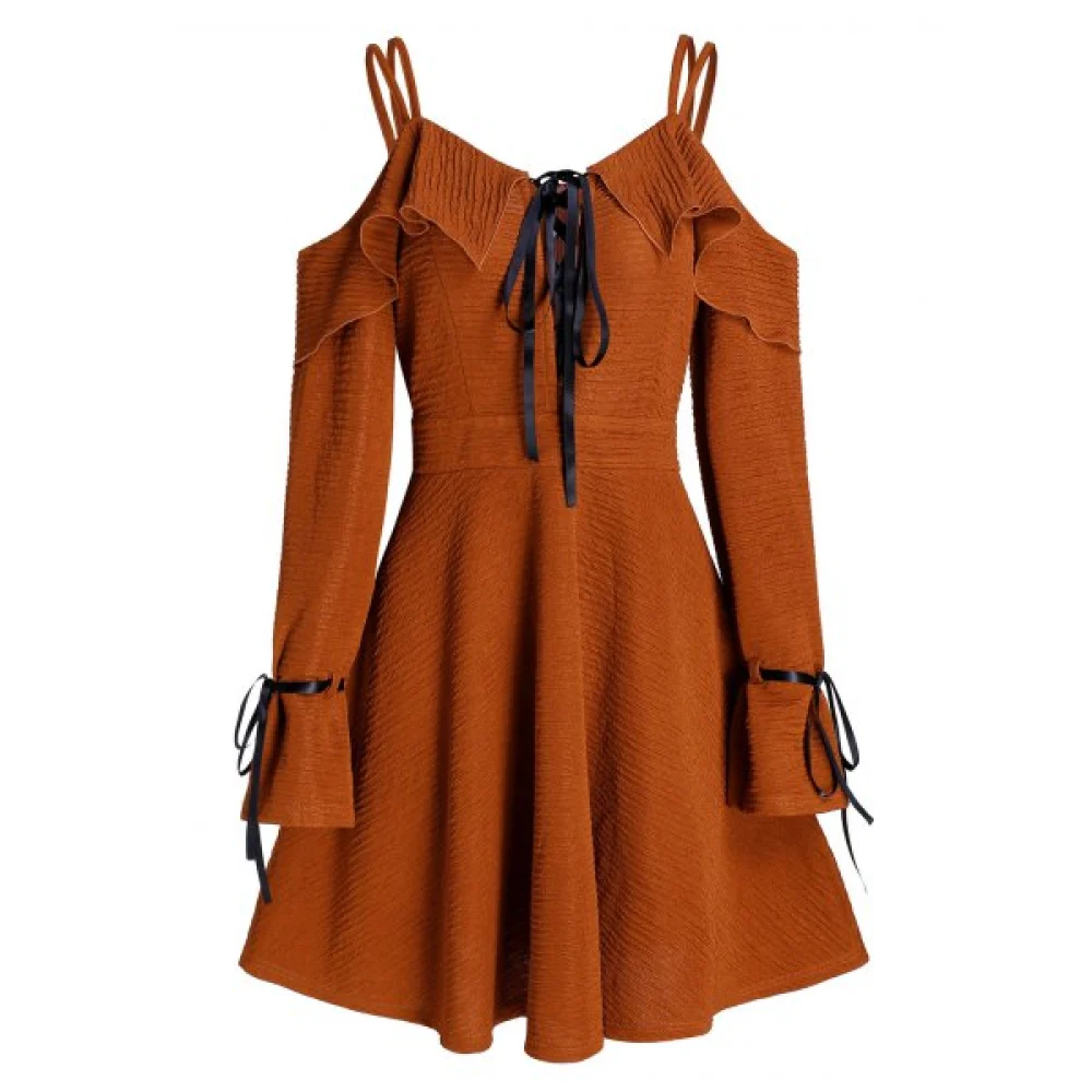 Cold Shoulder Lace Up Zippered Fit And Flare Dress - ahogany Fansmadedirect
