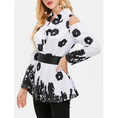 Cold Shoulder Printed Coat - White Fansmadedirect