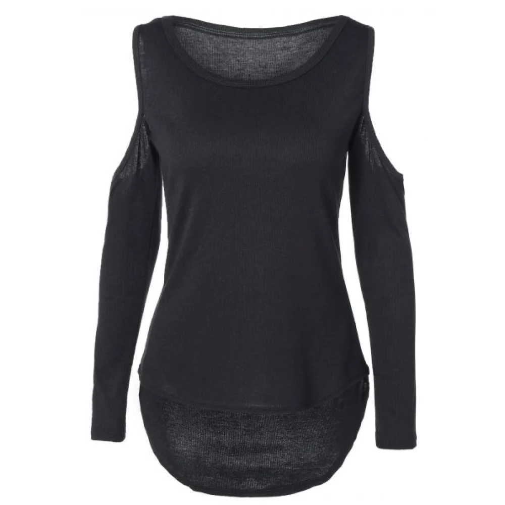 Cold Shoulder Scoop Neck High-Low Hem T-Shirt - Black Fansmadedirect