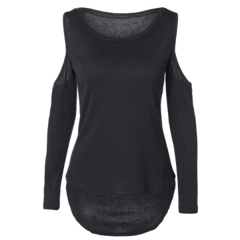 Cold Shoulder Scoop Neck High-Low Hem T-Shirt - Black Fansmadedirect