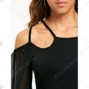 Cold Shoulder Sheer Chiffon Insert Top - Black Fansmadedirect