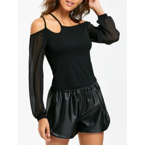 Cold Shoulder Sheer Chiffon Insert Top - Black Fansmadedirect
