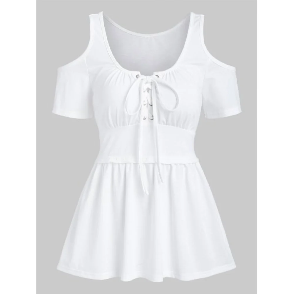 Cold Shoulder Solid T Shirt - White Fansmadedirect