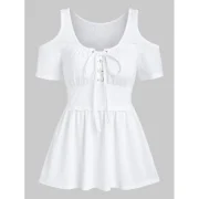 Cold Shoulder Solid T Shirt - White Fansmadedirect