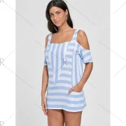 Cold Shoulder Striped T-shirt with Pockets - Light Blue Fansmadedirect