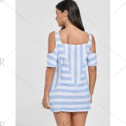 Cold Shoulder Striped T-shirt with Pockets - Light Blue Fansmadedirect