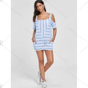 Cold Shoulder Striped T-shirt with Pockets - Light Blue Fansmadedirect