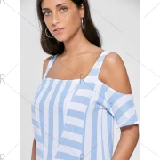 Cold Shoulder Striped T-shirt with Pockets - Light Blue Fansmadedirect