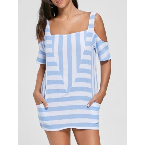 Cold Shoulder Striped T-shirt with Pockets - Light Blue Fansmadedirect