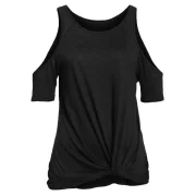 Cold Shoulder Twist Front Plain T-shirt - Black Fansmadedirect
