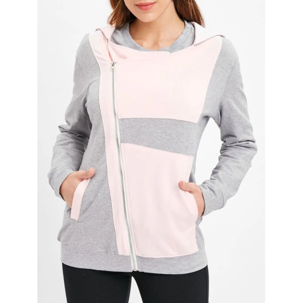 Color Block Asymmetrical Zip Hoodie - Gray Fansmadedirect