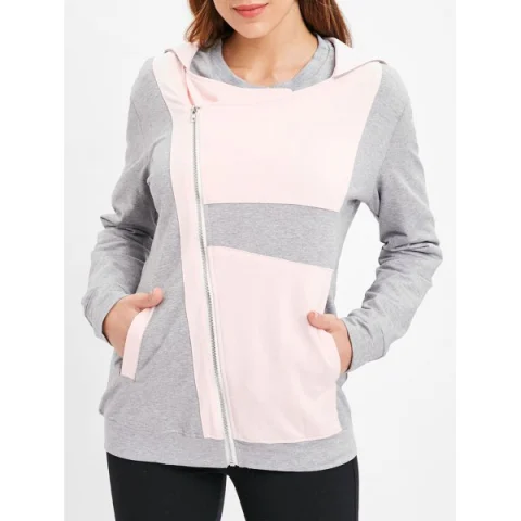 Color Block Asymmetrical Zip Hoodie - Gray Fansmadedirect