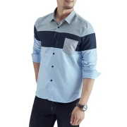 Color Block Chest Pocket Long Sleeve Shirt - Light Blue Fansmadedirect