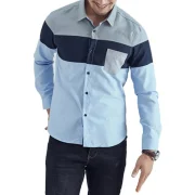 Color Block Chest Pocket Long Sleeve Shirt - Light Blue Fansmadedirect