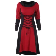 Color Block Criss Cross Gothic Hooded Dress - Red Wine Fansmadedirect
