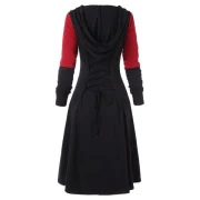 Color Block Criss Cross Gothic Hooded Dress - Red Wine Fansmadedirect