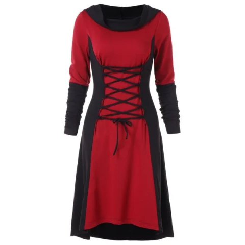 Color Block Criss Cross Gothic Hooded Dress - Red Wine Fansmadedirect