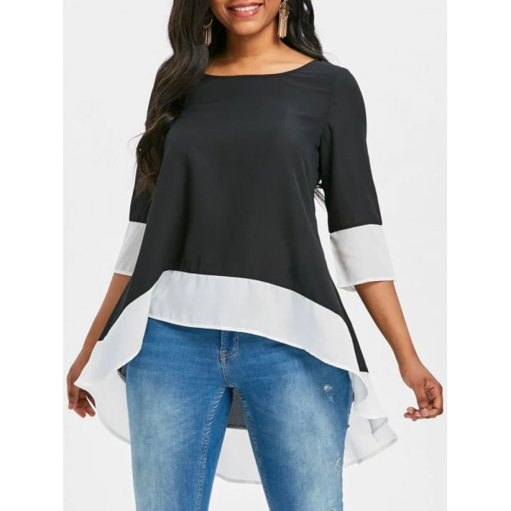 Color Block High Low Blouse - Black Fansmadedirect