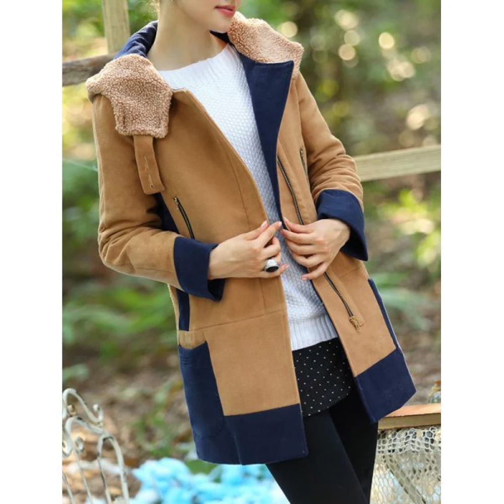 Color Block Hooded ong Coat - Camel Fansmadedirect