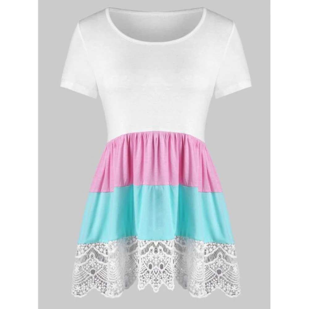 Color Block Lace Trim T-shirt - White Fansmadedirect