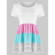 Color Block Lace Trim T-shirt - White Fansmadedirect
