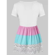 Color Block Lace Trim T-shirt - White Fansmadedirect