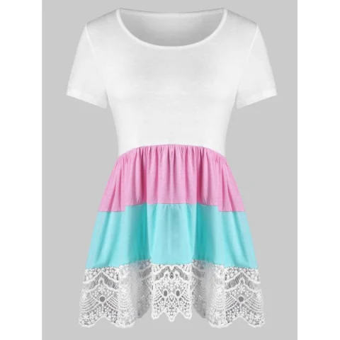 Color Block Lace Trim T-shirt - White Fansmadedirect