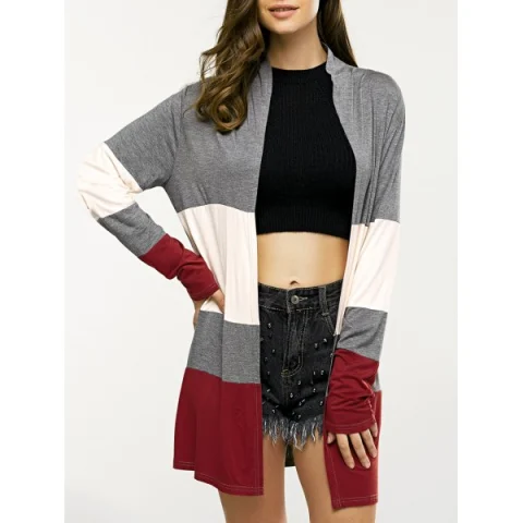 Color Block Open Front Cardigan - Fansmadedirect
